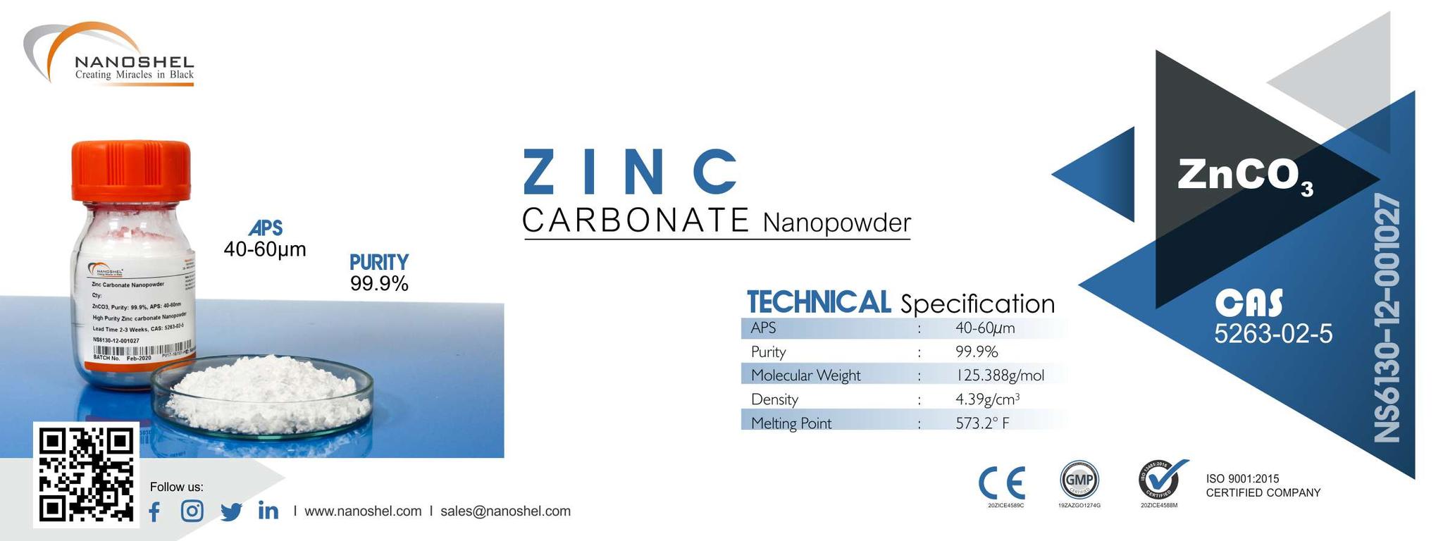 Zinc Carbonate Nanopowder (ZnCO3, Purity 99.9, APS 4060nm)