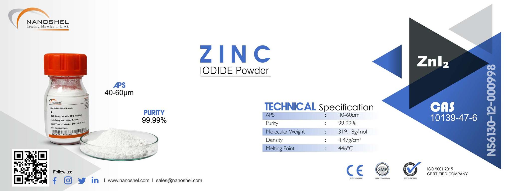 Zinc Iodide Powder (ZnI2, Purity 99.99, APS 4060µm)