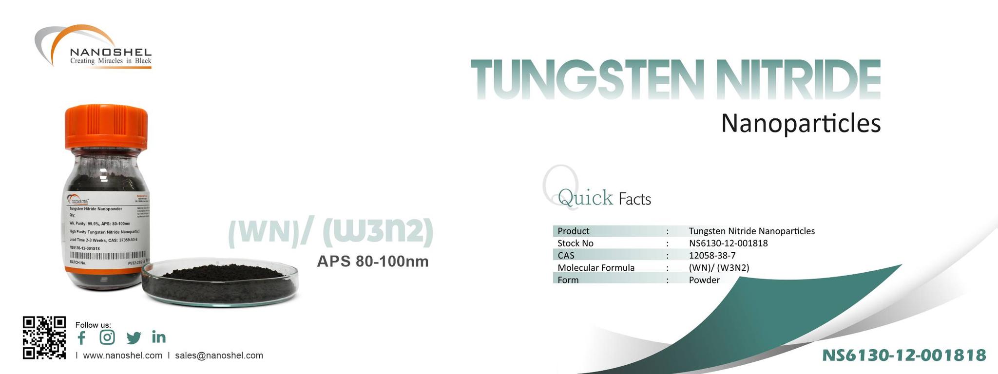 Tungsten Nitride Nanoparticles ((WN)/ (W3N2), Purity 99.9, APS 80100nm)